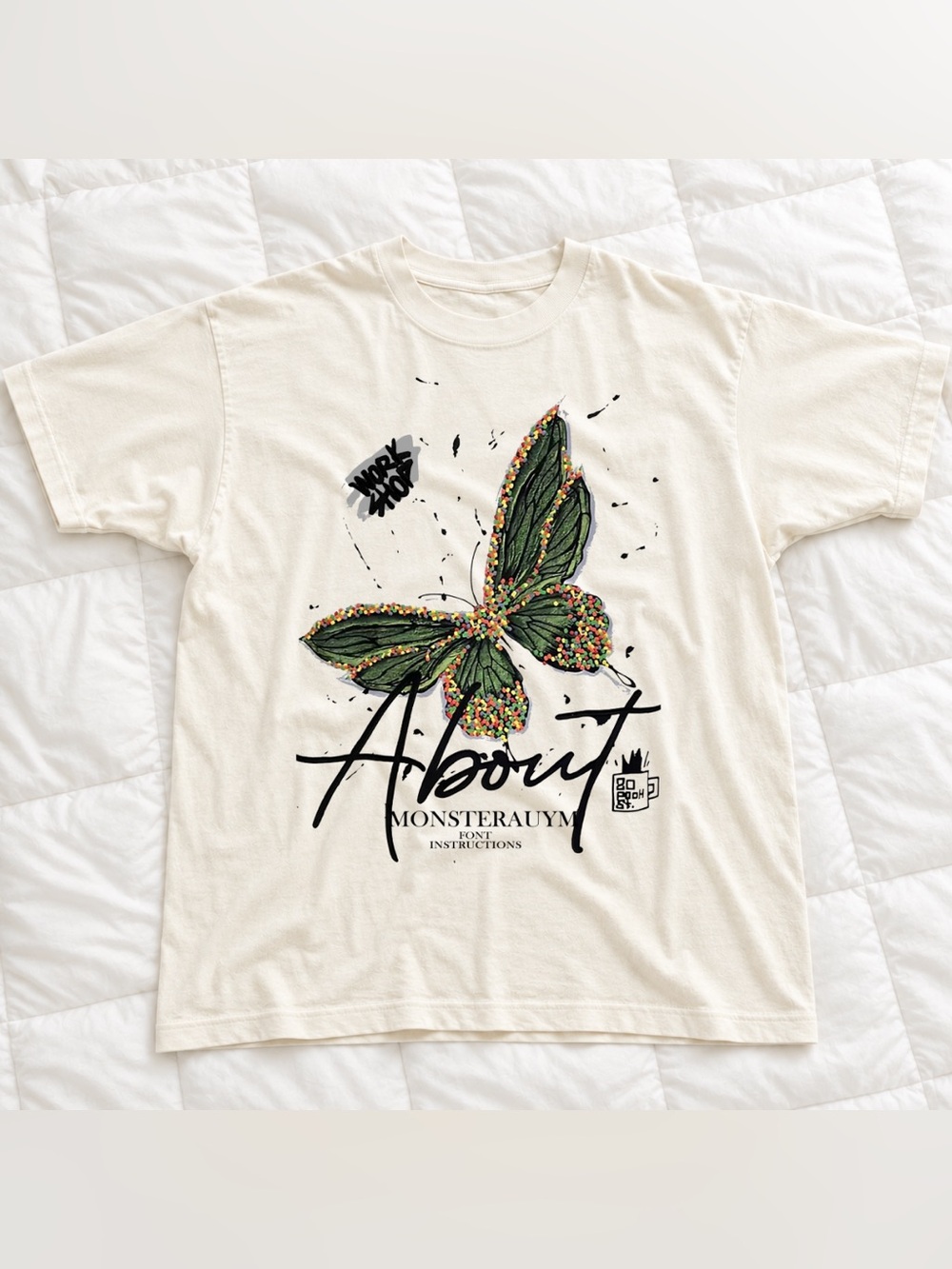 Cream Graphic Tee with Green Butterfly Print - Vintage 90s Style